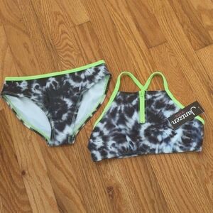 Jantzen Black and White Tie-Dye Bikini with Neon Green Trim